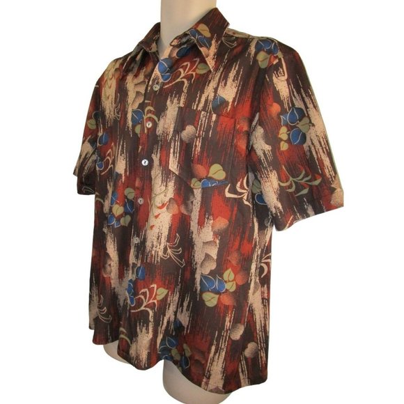 Vintage 70s Joel Cal Made Polyester Disco Shirt Wood Foliage Pattern Mens Lg GUC - Picture 2 of 16